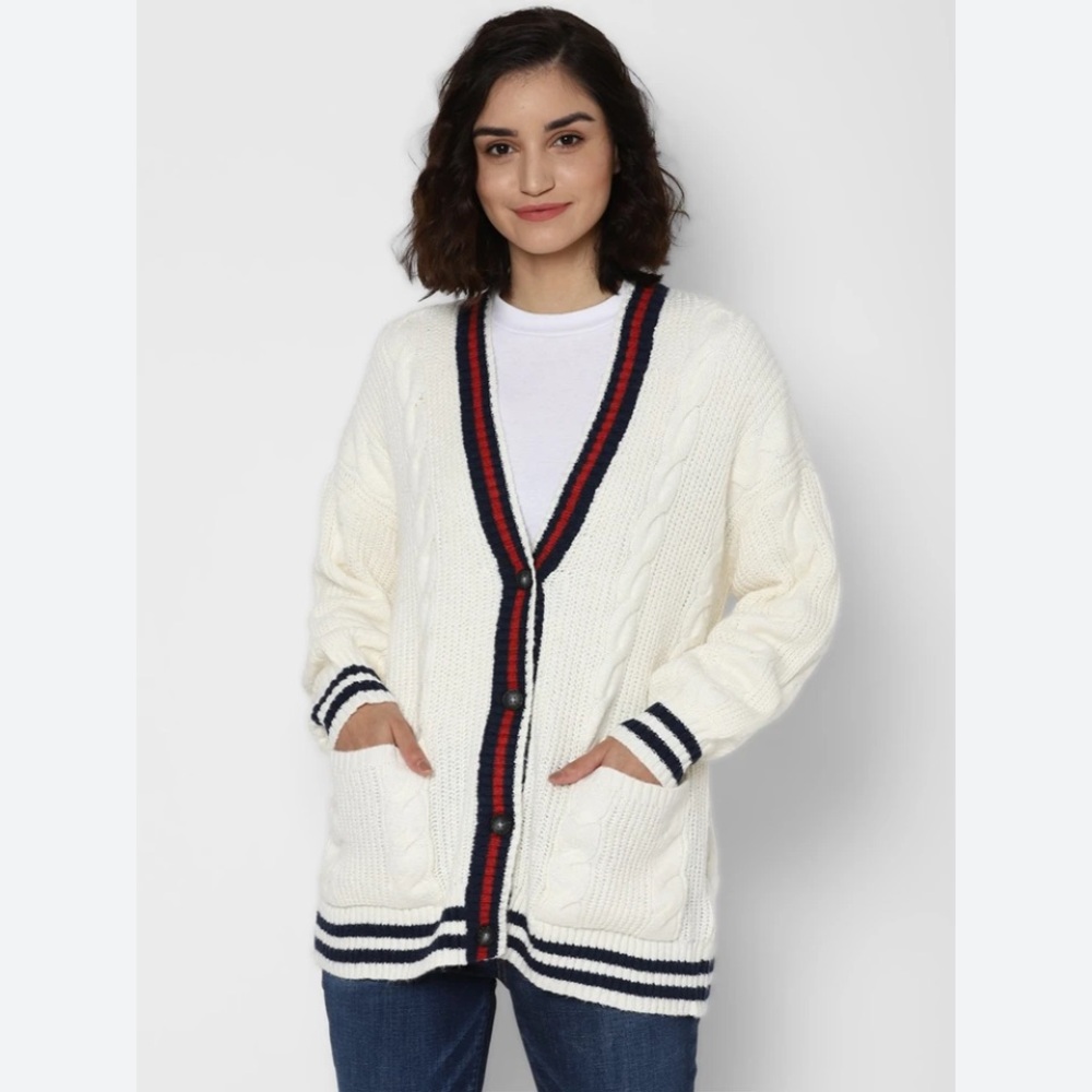 AMERICAN EAGLE Outfitters Cream Oversized V-Neck Striped Trim Cardigan Sweater